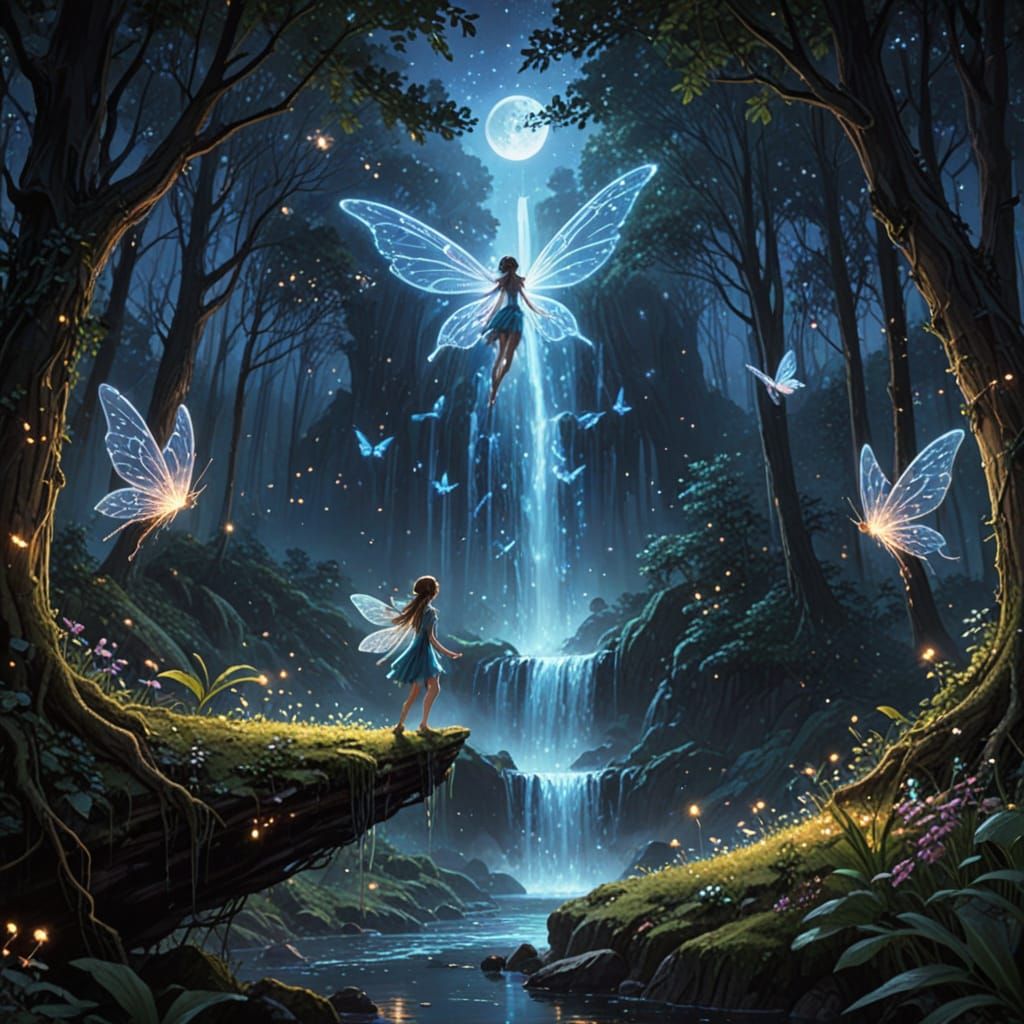 Ethereal Fairy in Magical Forest with Waterfall