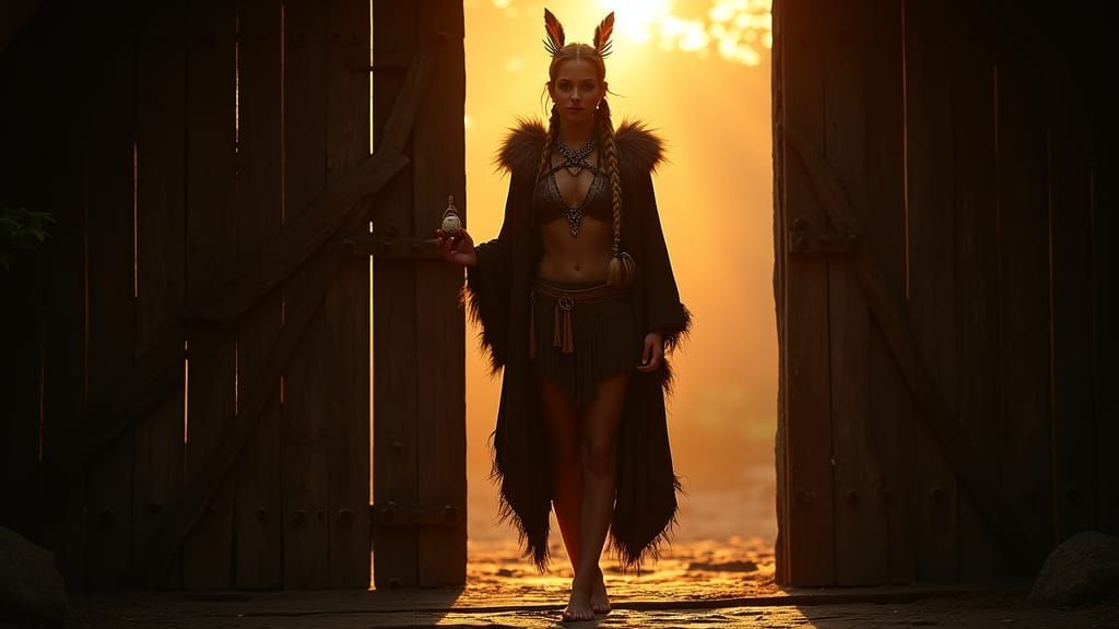 Viking Goddess Embracing Ancient Power at Twilight