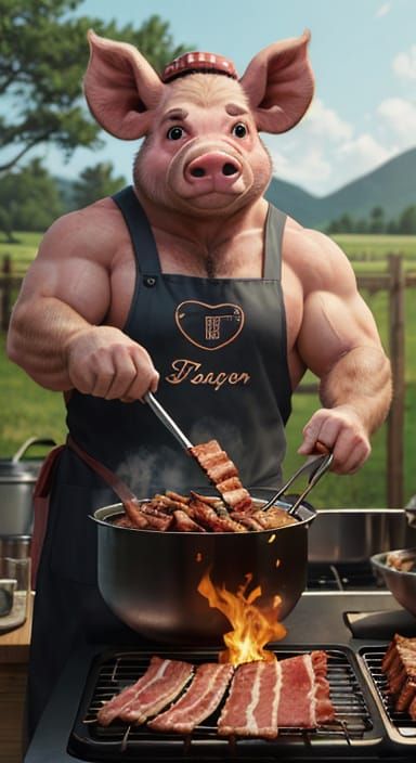 A big, burly, muscular but cute farm pig standing up using b...