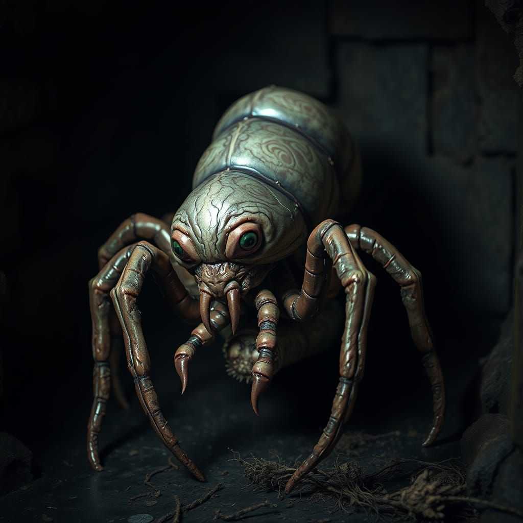 Grotesque Biomechanical Worm-Spider in Dark, Iridescent Patt...