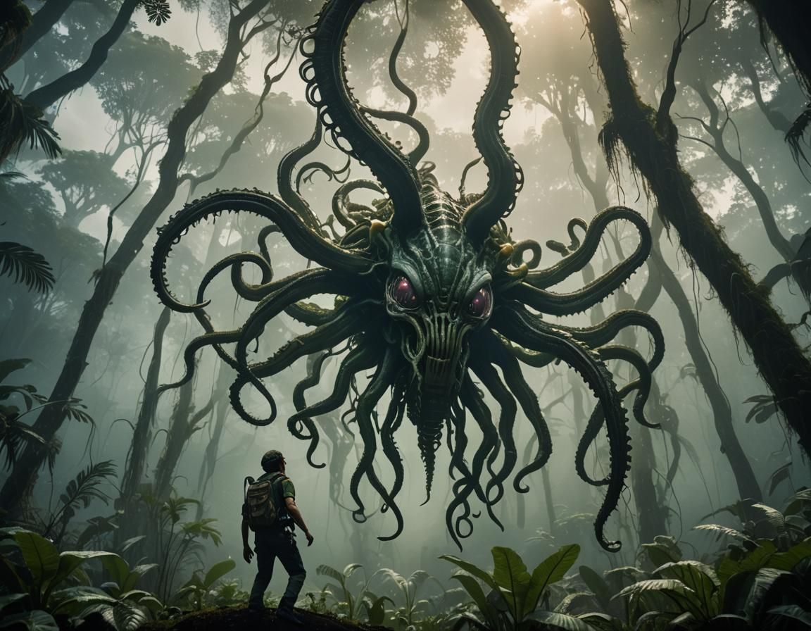 Alien lighter-than-air creature floating through the thick a...