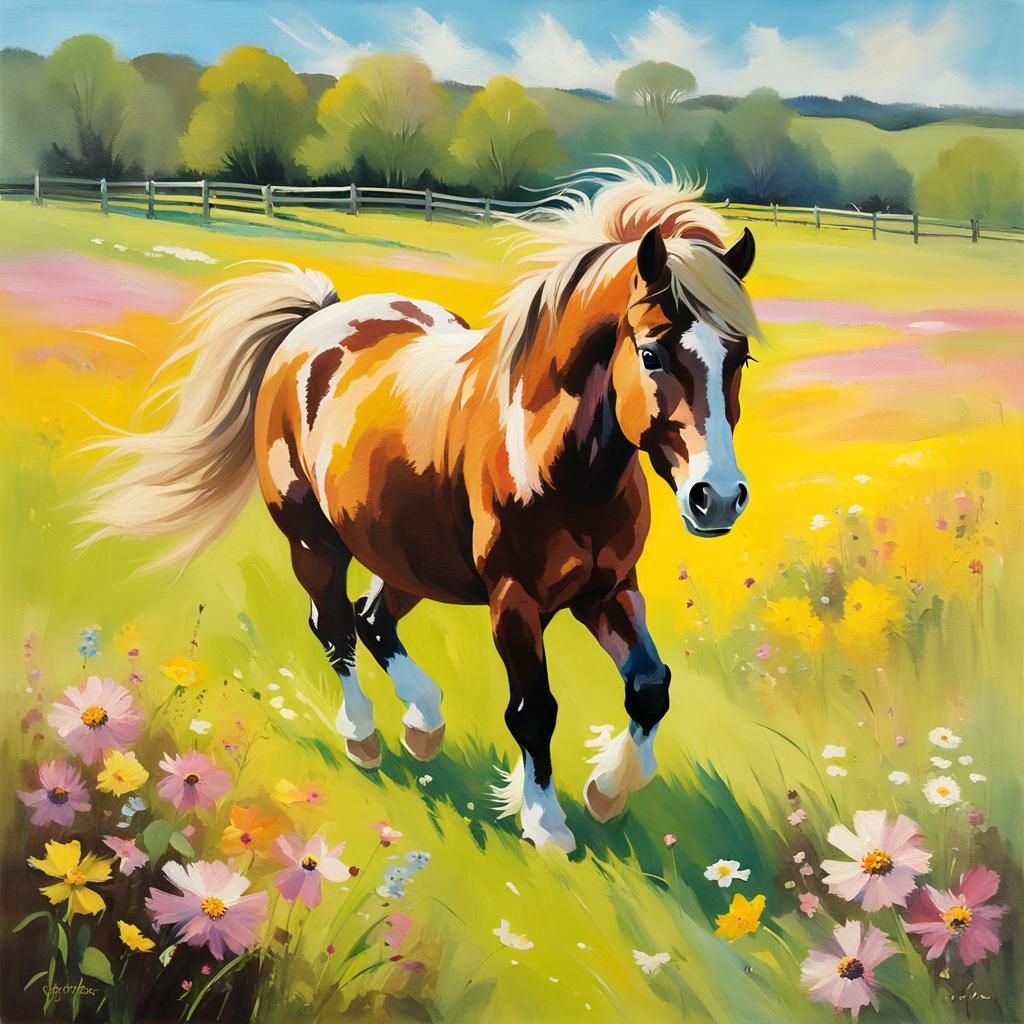 Impressionist Shetland Pony in a Sunny Meadow