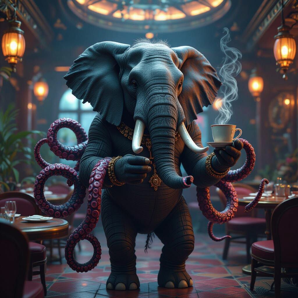 Cosmic Restaurant Scene With Tentacled Elephant