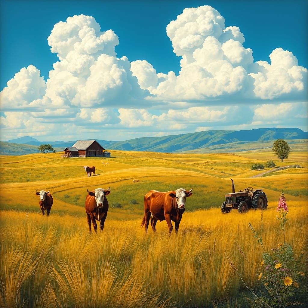 Vibrant Western Ranch Scene in Abstract Art Style