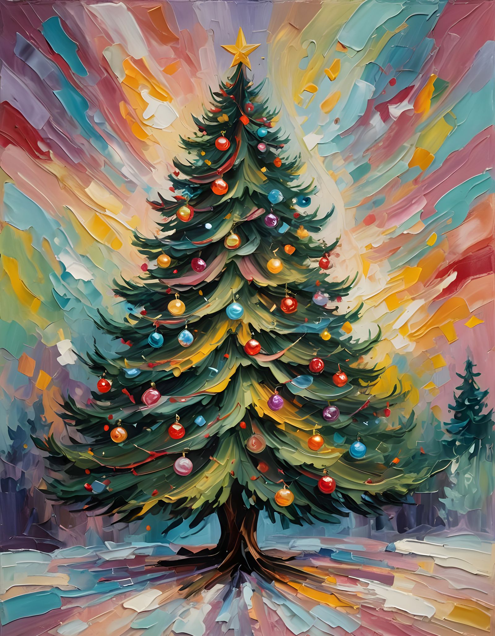 Abstract oil painting of Christmas tree, pastel colors splas...