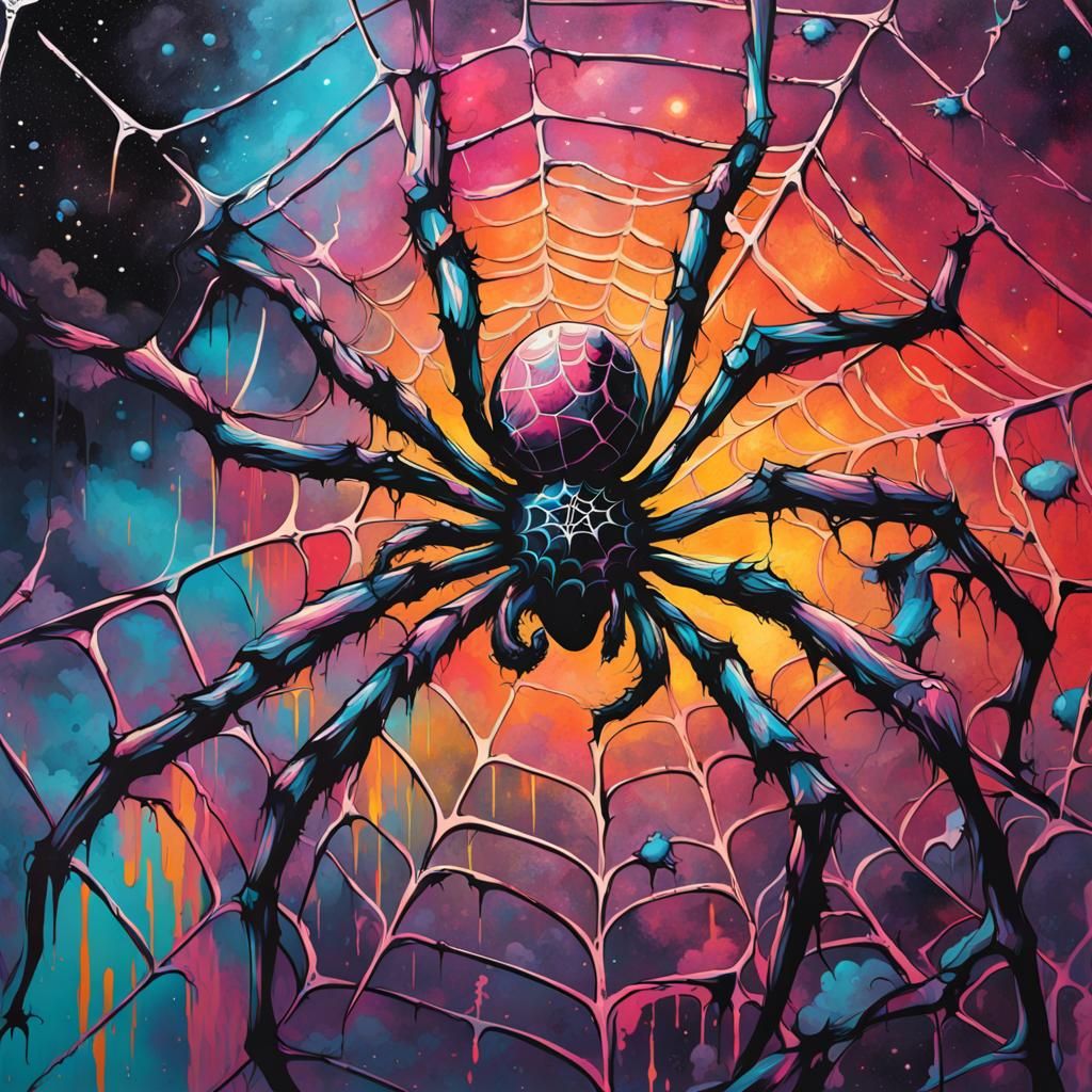 Giant spiderweb in space intricate details graffiti art, spl...