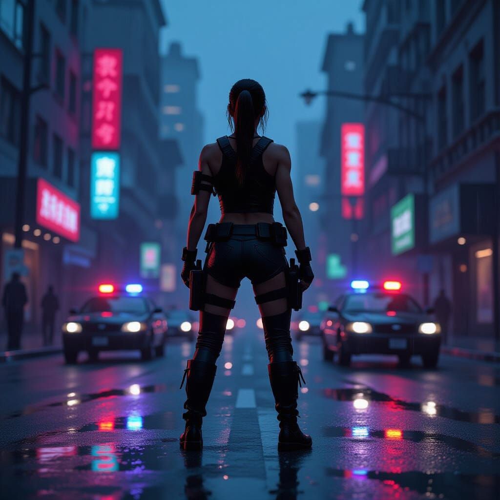 Lara Croft in Neon-Lit GTA City Streets at Dusk