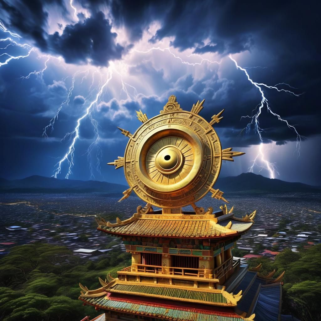 Golden Gong in Sky with Lightning