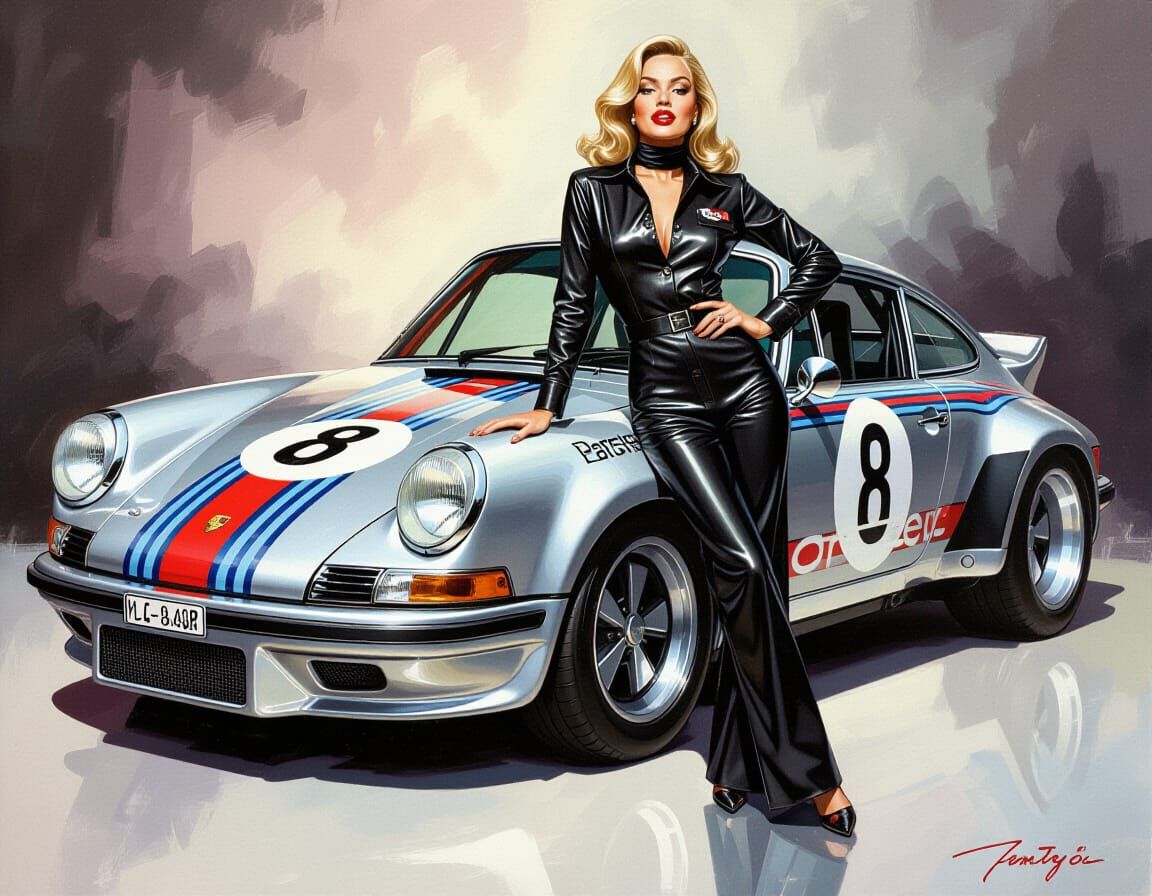 1970s Pinup Model with Porsche 911 Martini Racing