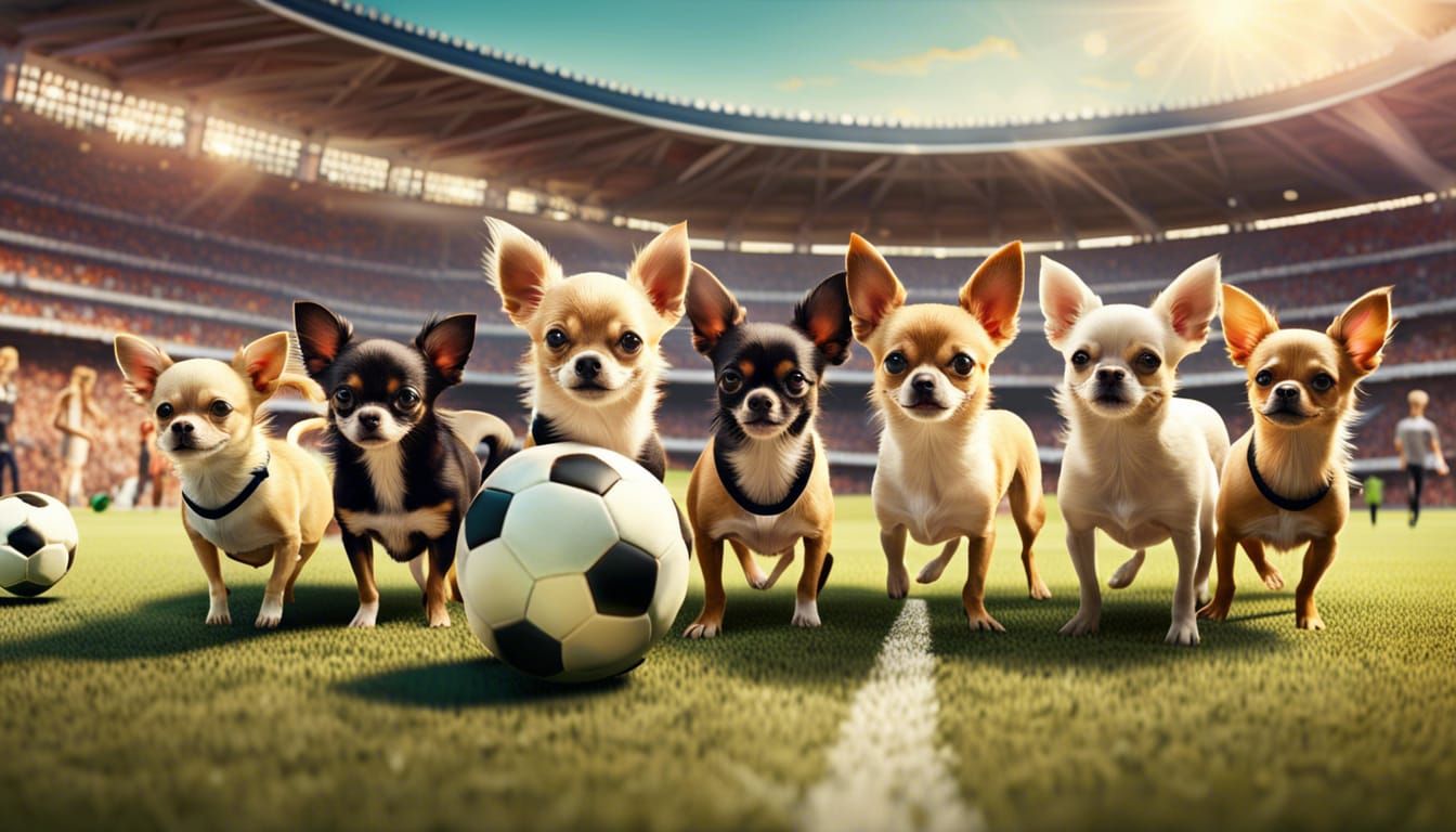 Chihuahuas Play Soccer in Stadium: Hyperrealistic Photo