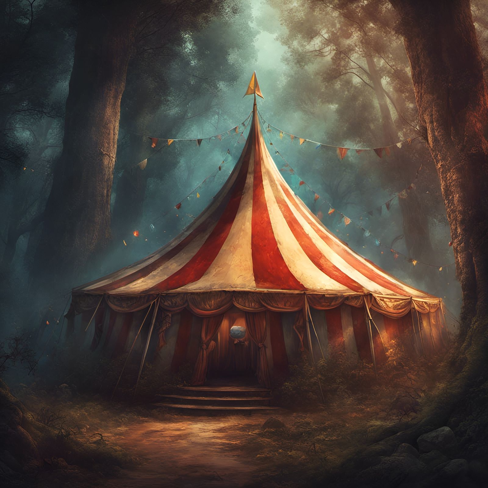 Creepy Circus Tent in a Hyperrealistic Forest