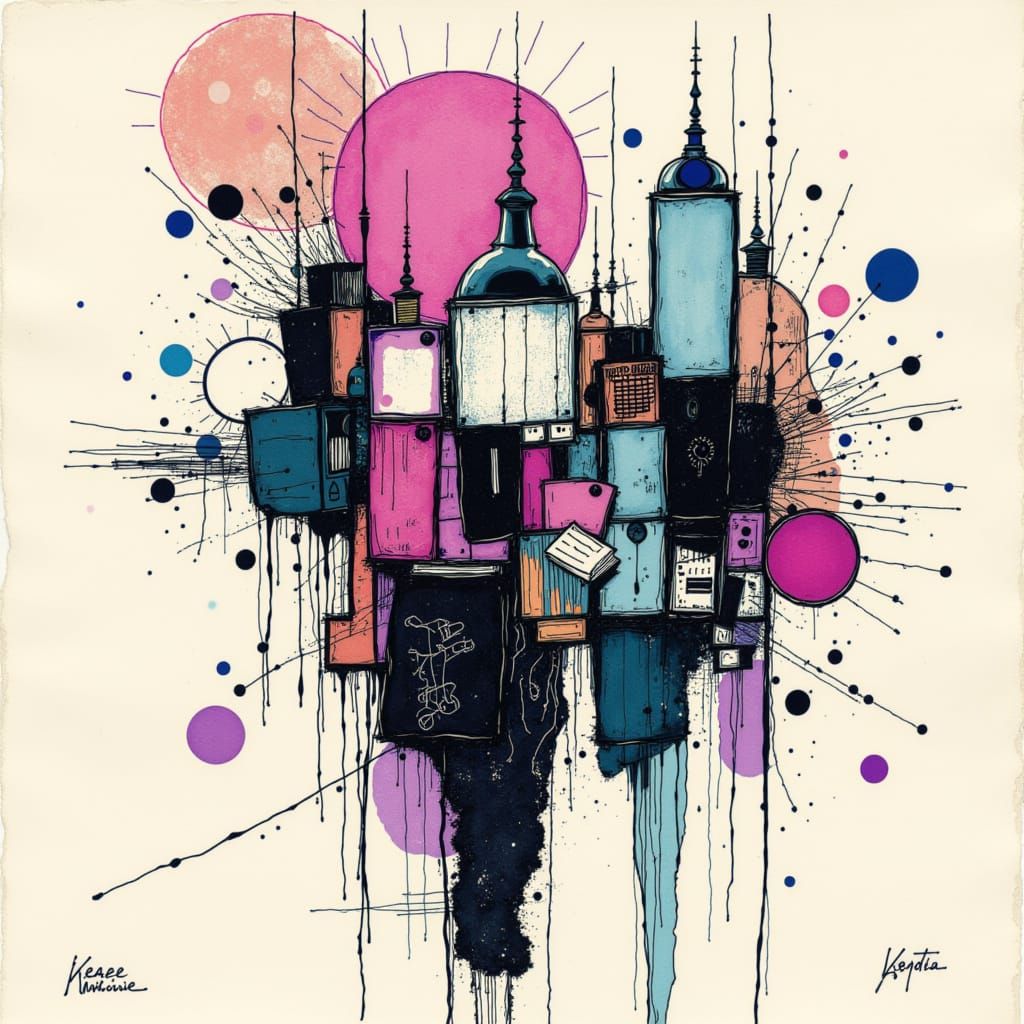 <lora:BLUEBERRY INK:1.0> A multi-layered abstract compositio...