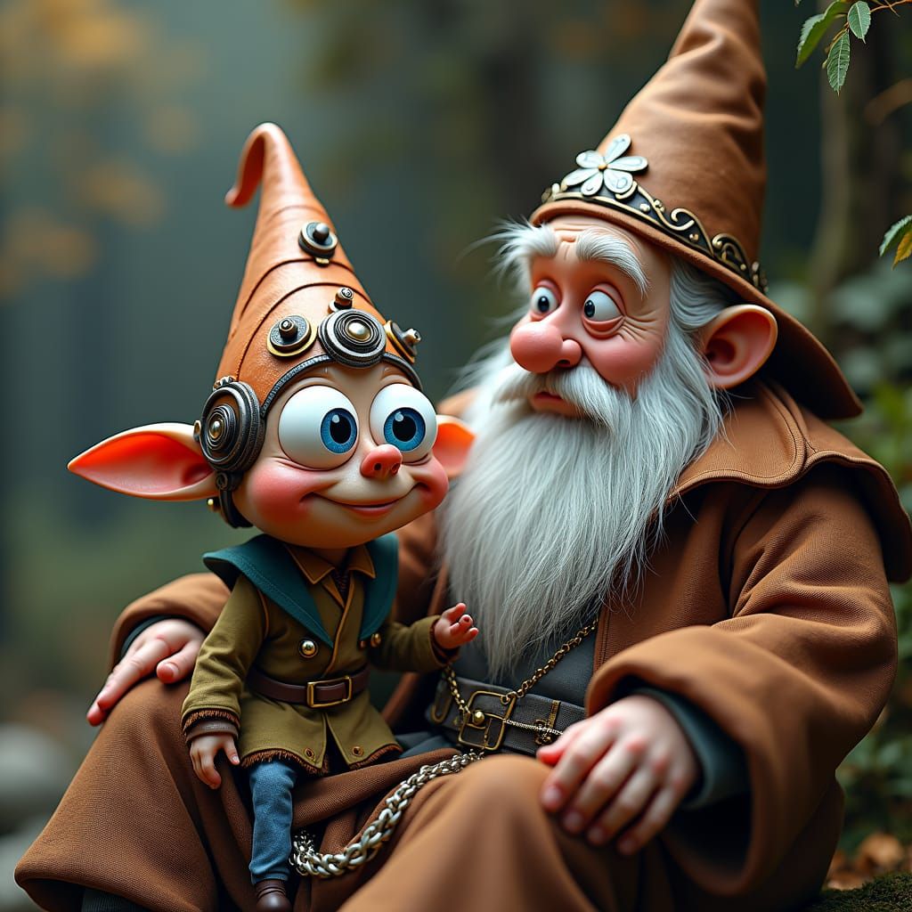 Whimsical Gnome on Wizard's Lap with Googly Eyes