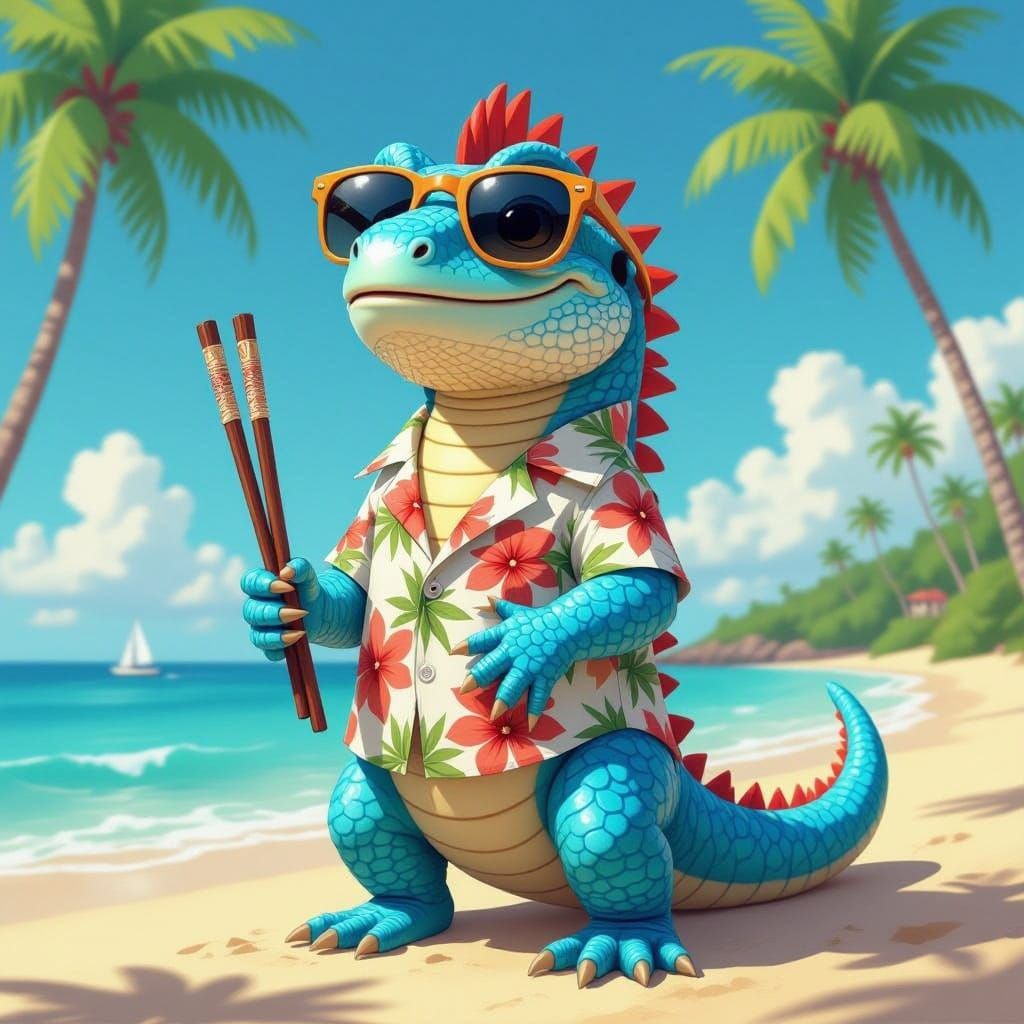 Vibrant Beach Scene with a Whimsical Lizard in Hawaiian Styl...