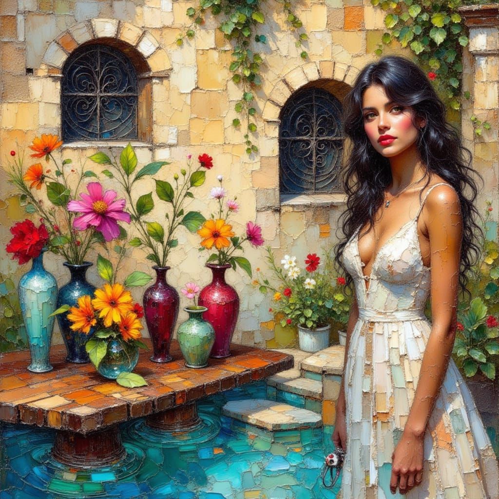 Mediterranean Courtyard in Naive Art Style