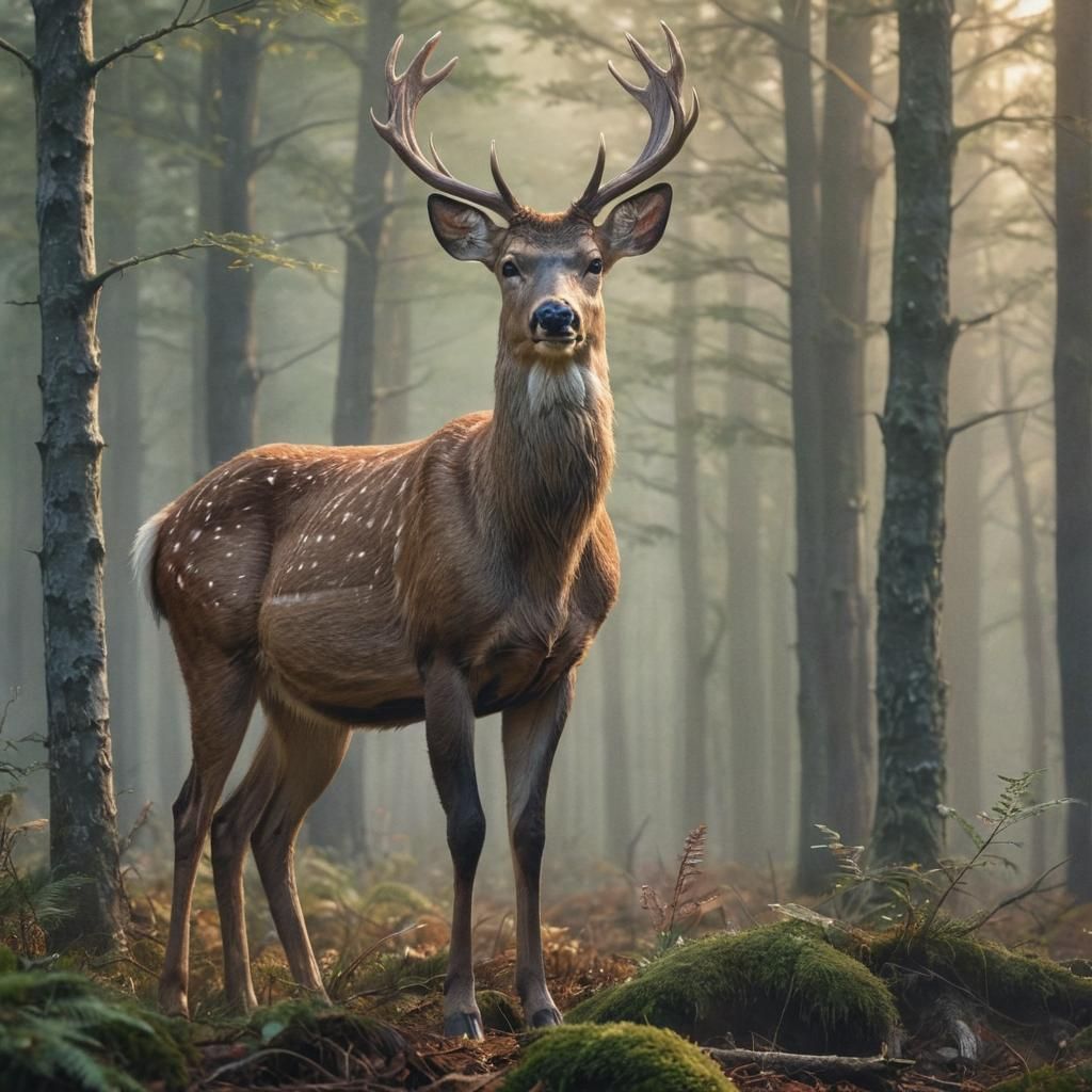 European Deer in Misty Forest: Hyperrealistic Wildlife Art