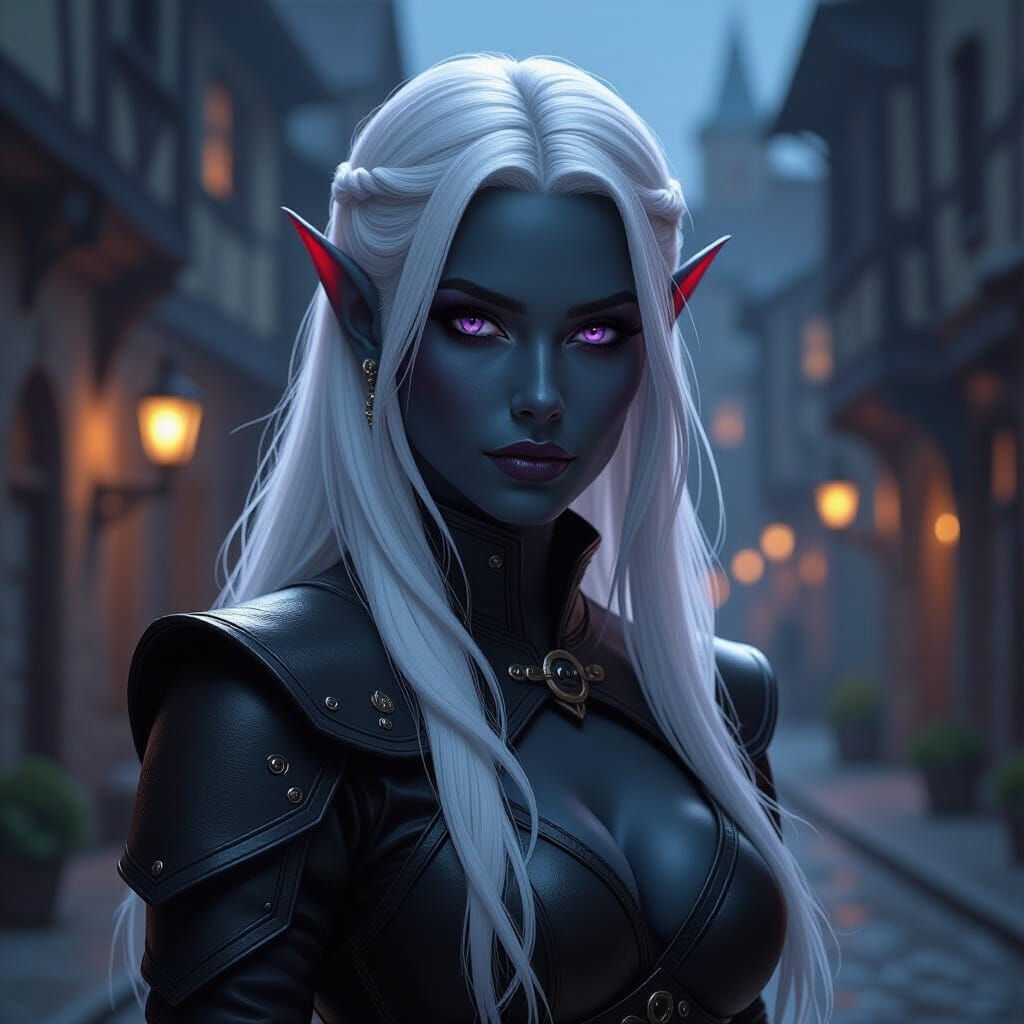 Drow Elf in Black Armor on City Street