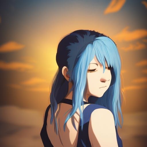 Sad Woman with Blue Hair in Ghibli Anime Style