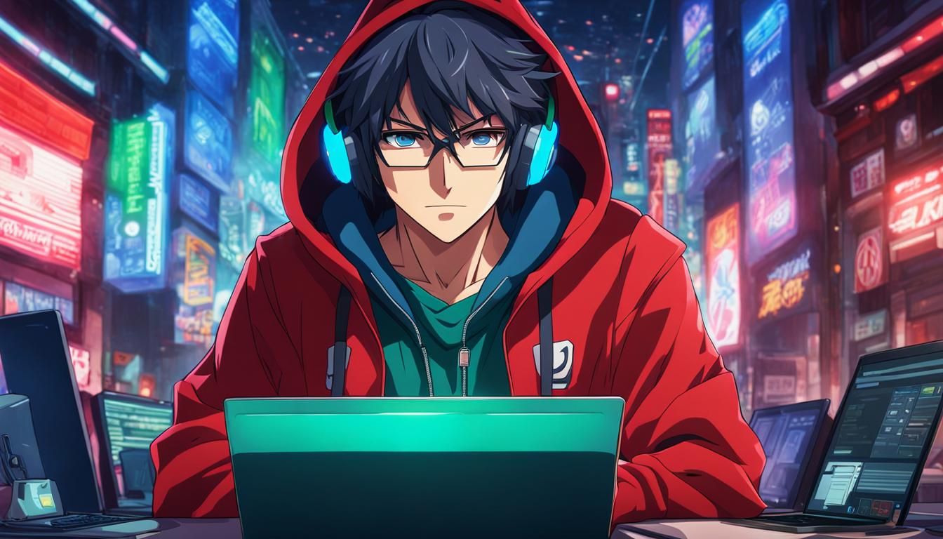 Anime Man in Hoodie at Laptop, Studio Portrait