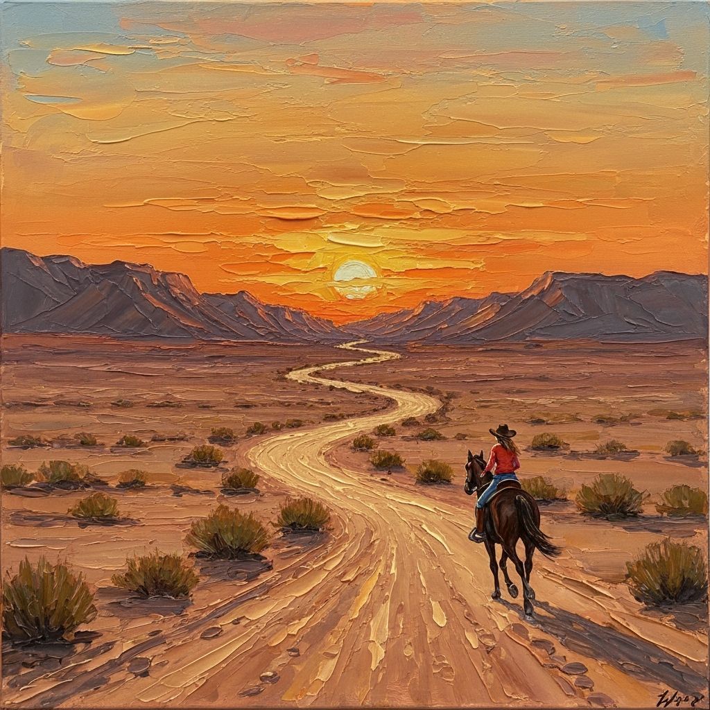 Cowgirl Rides Horse Through Desert Sunset Oil Painting