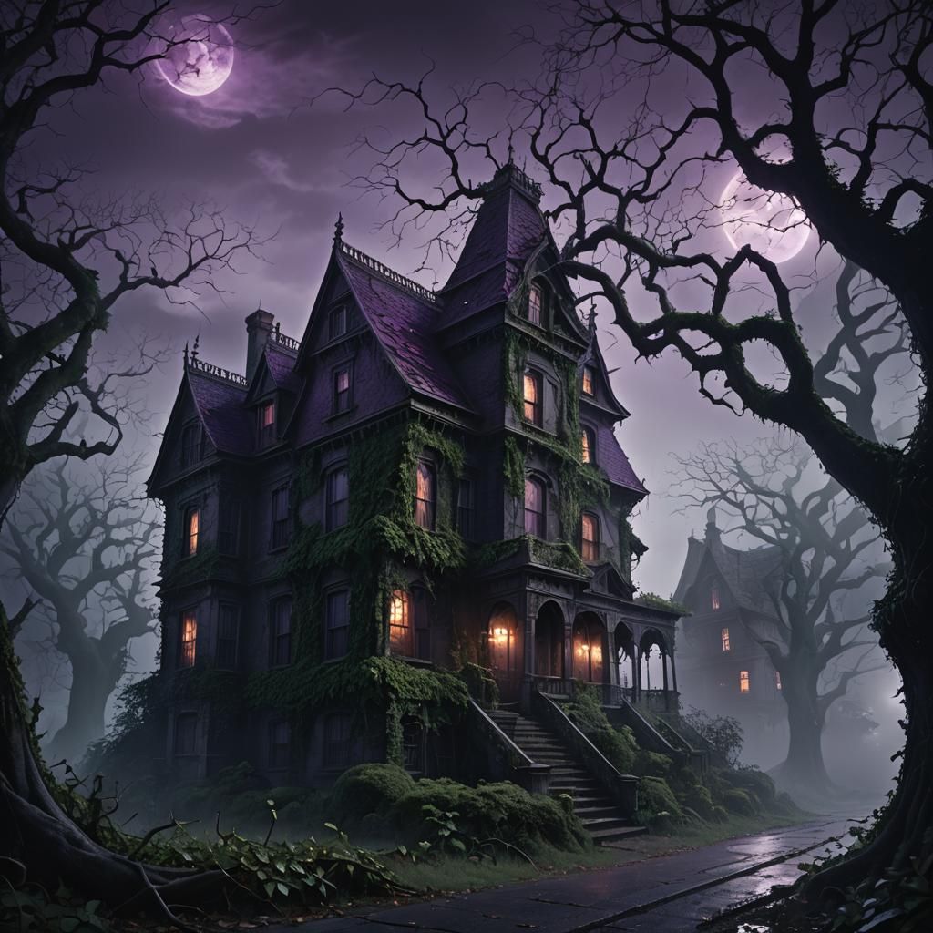 Haunted House in Misty Moonlight: Digital Matte Painting