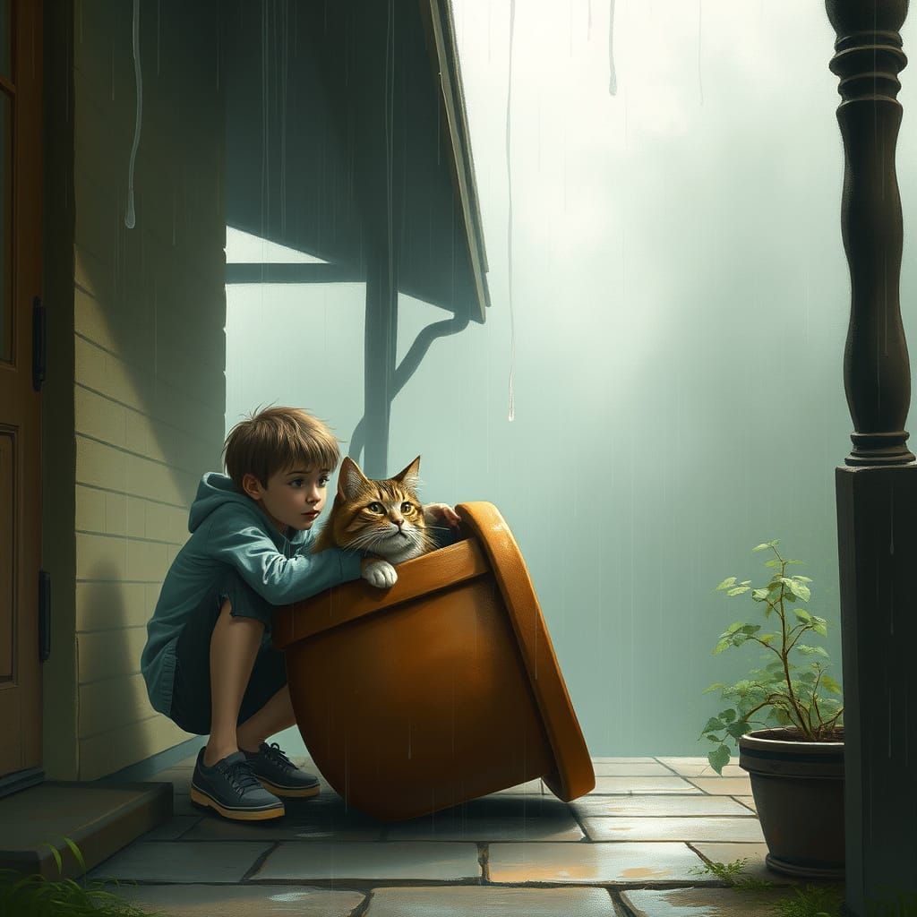 Cozy Cat Shelter in Misty Rain, Digital Art