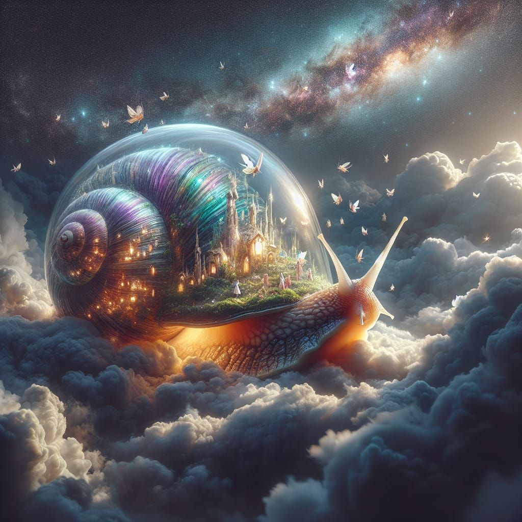 Iridescent Snail Housing Fairy Village in the Sky