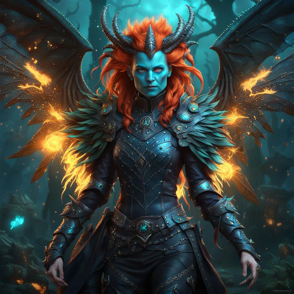 Cyan Demon Sorceress with Flaming Hair