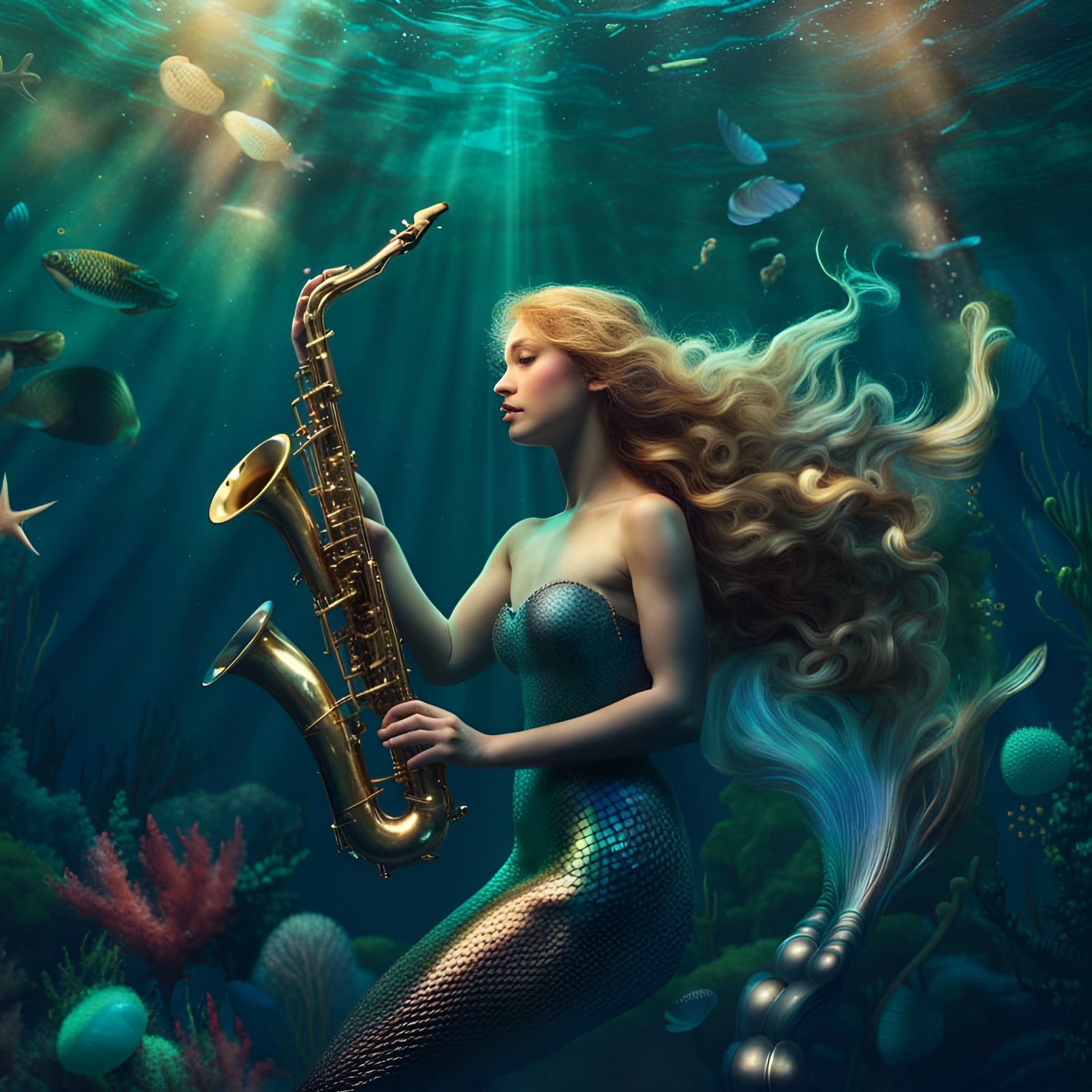 Mermaid's Underwater Saxophone Serenade in Paradise
