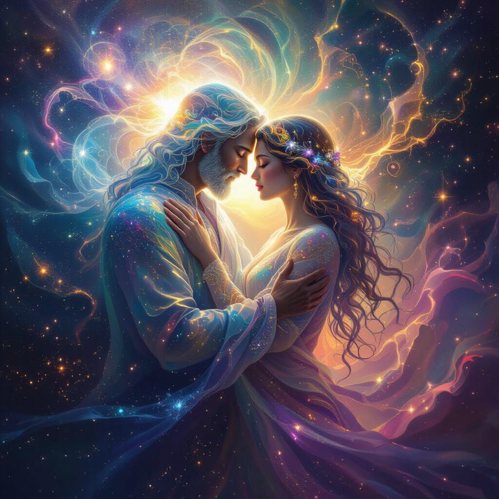 Ethereal Figure in Radiant Embrace, Cosmic Devotion