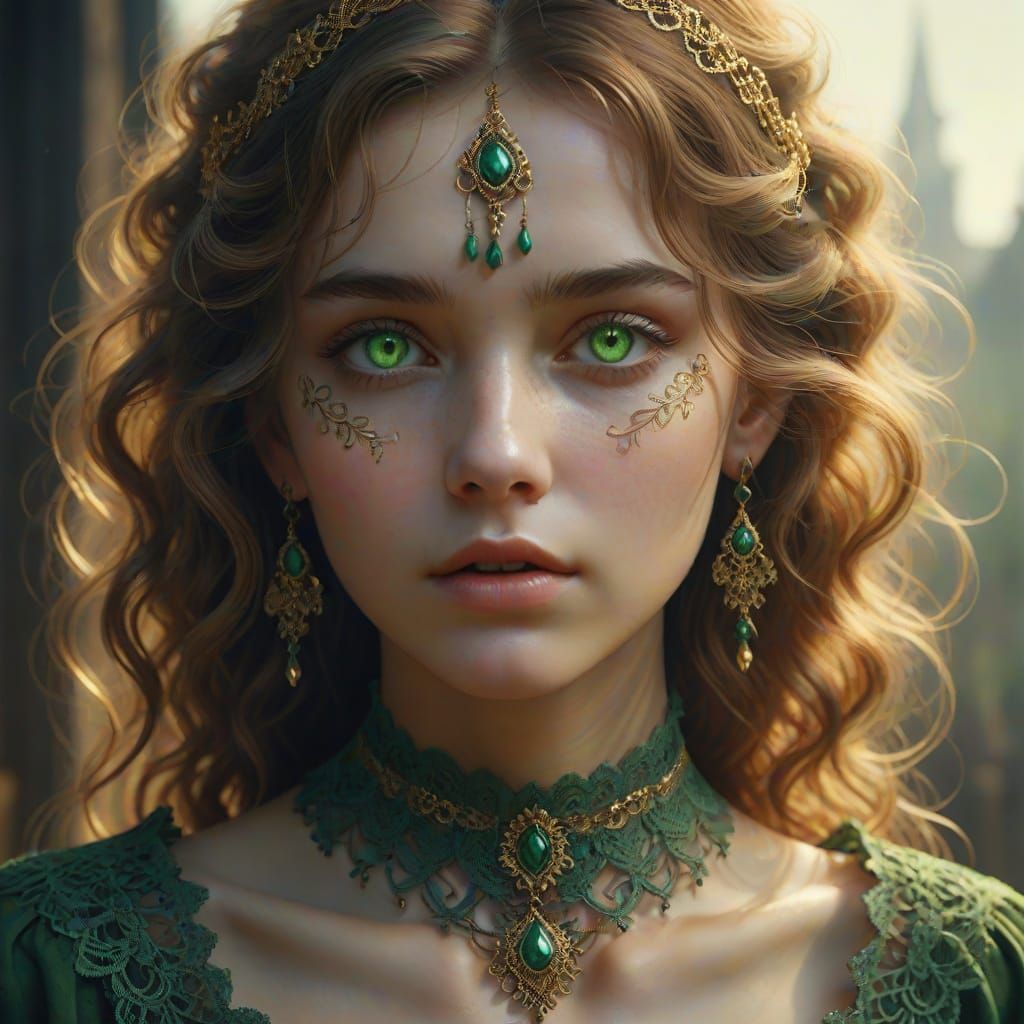 Elegant Young Woman with Wavy Hair and Green Eyes in Soft Go...