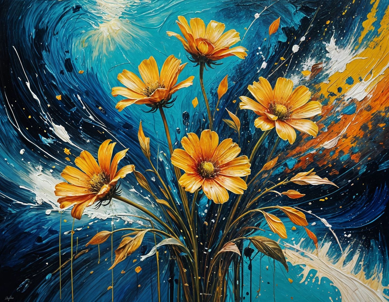 Surreal Golden Flowers in Abstract Impasto Oil Painting