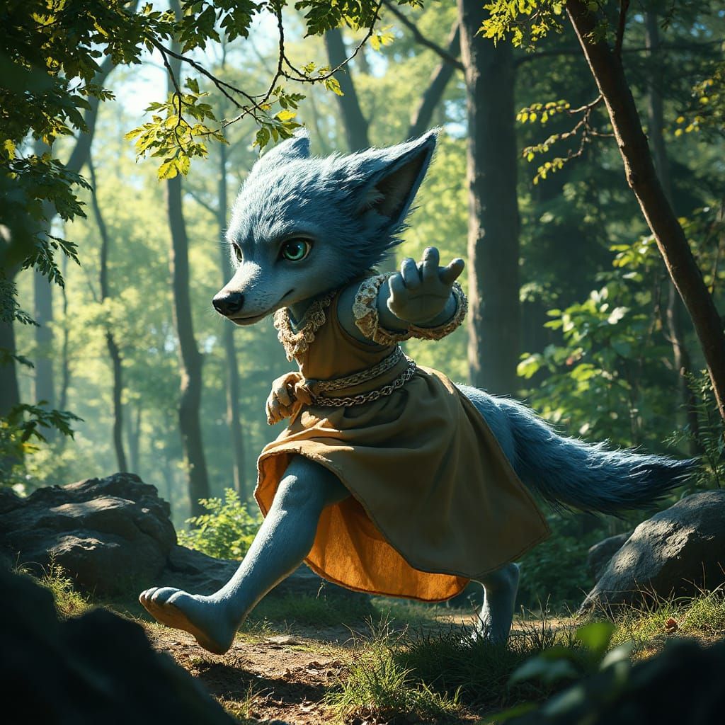Enchanting Blue Wolf Girl in Hyperrealistic Forest