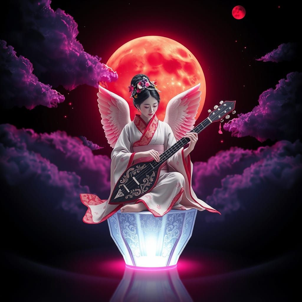 Regal Geisha Angel in Cosmic Dreamscape with Crimson Moon