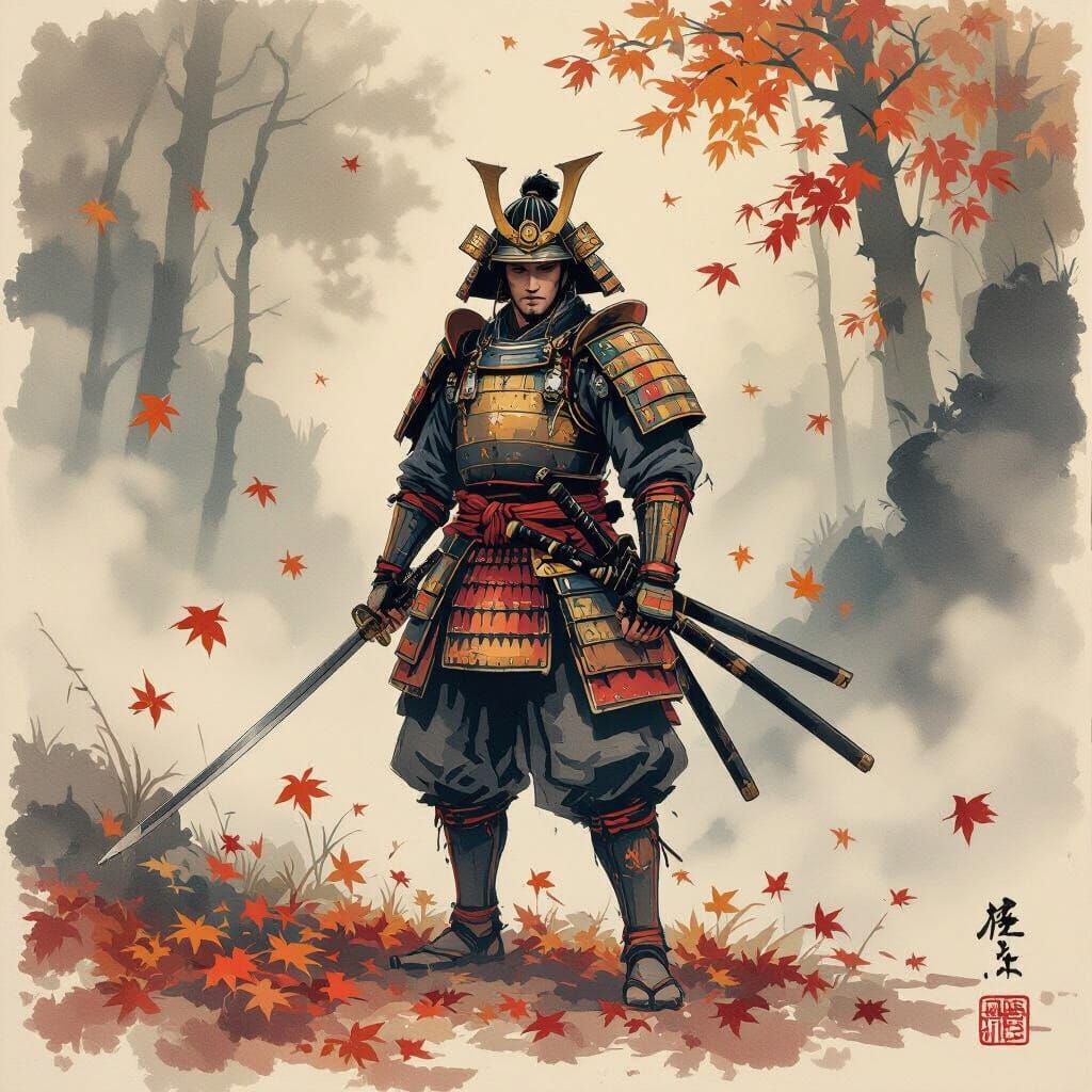 Samurai in Misty Autumn Landscape, Yamato-e Style