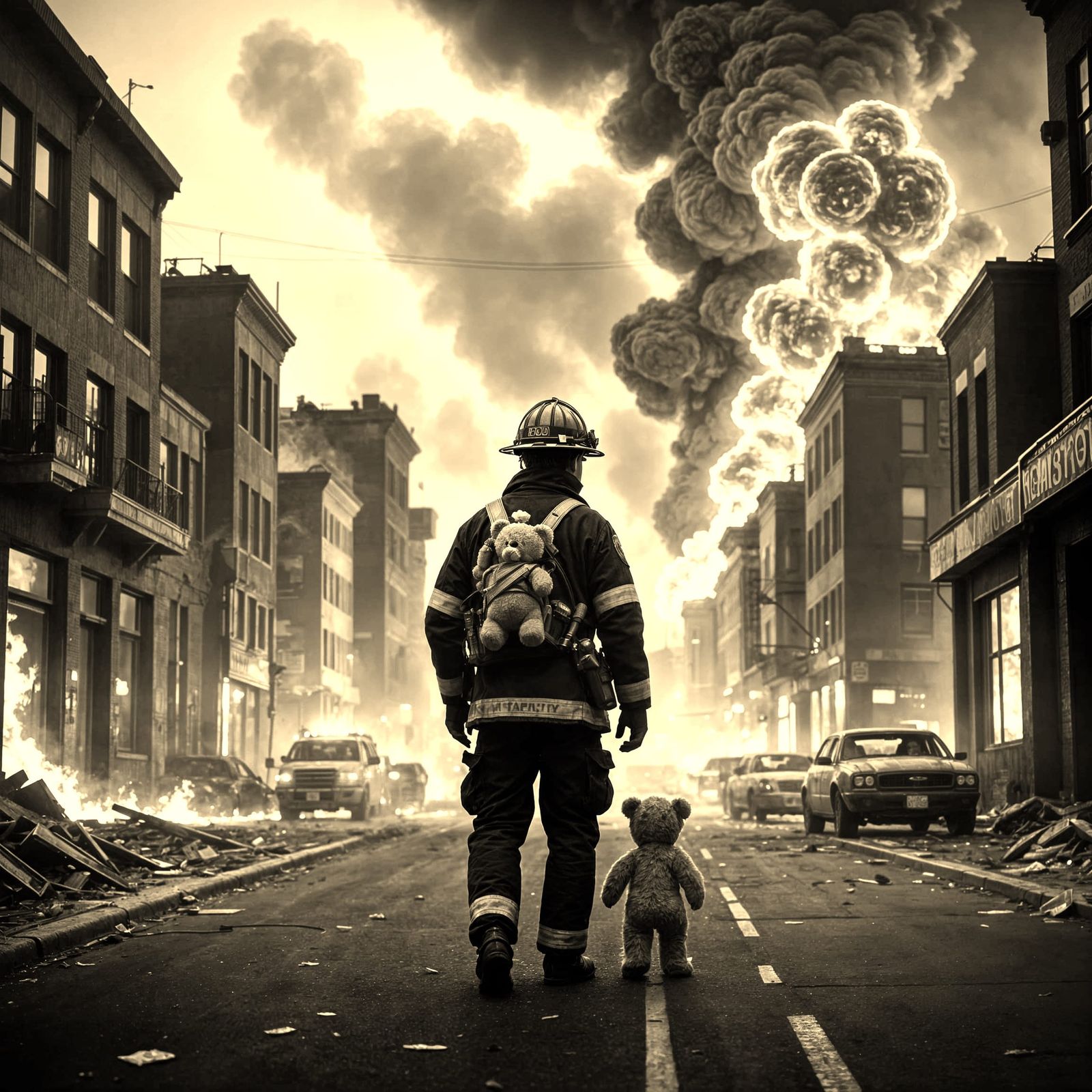 Firefighter Rescues Teddy Bear in Apocalyptic City