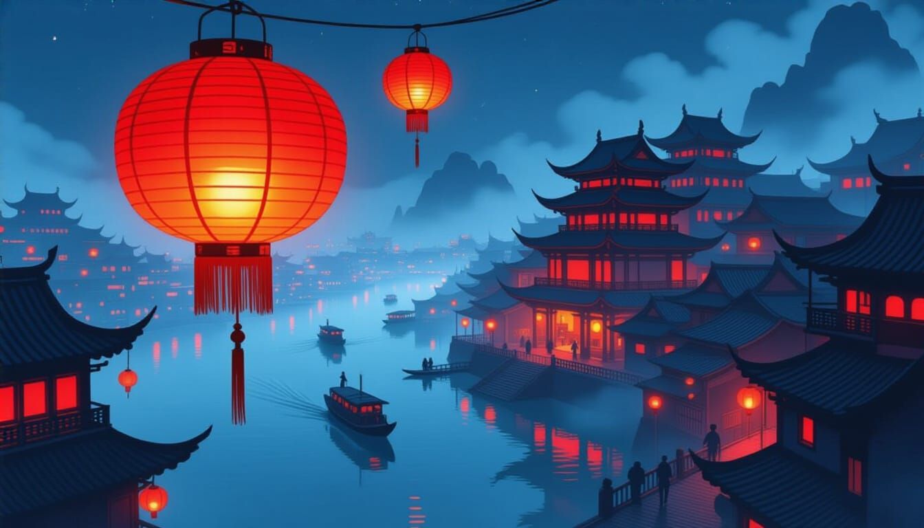 Red Lanterns Glowing Over Water City at Night