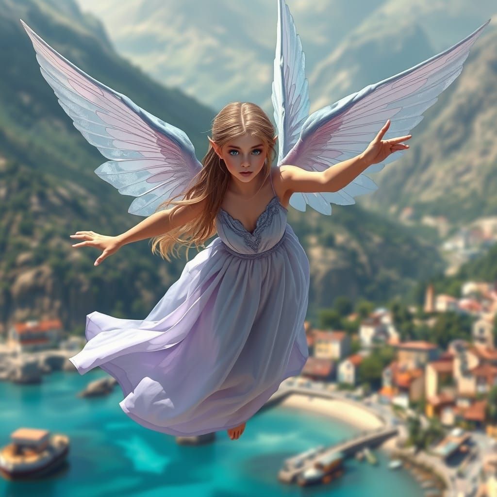 Lilac Elf Angel Soaring Over Crystal Waters