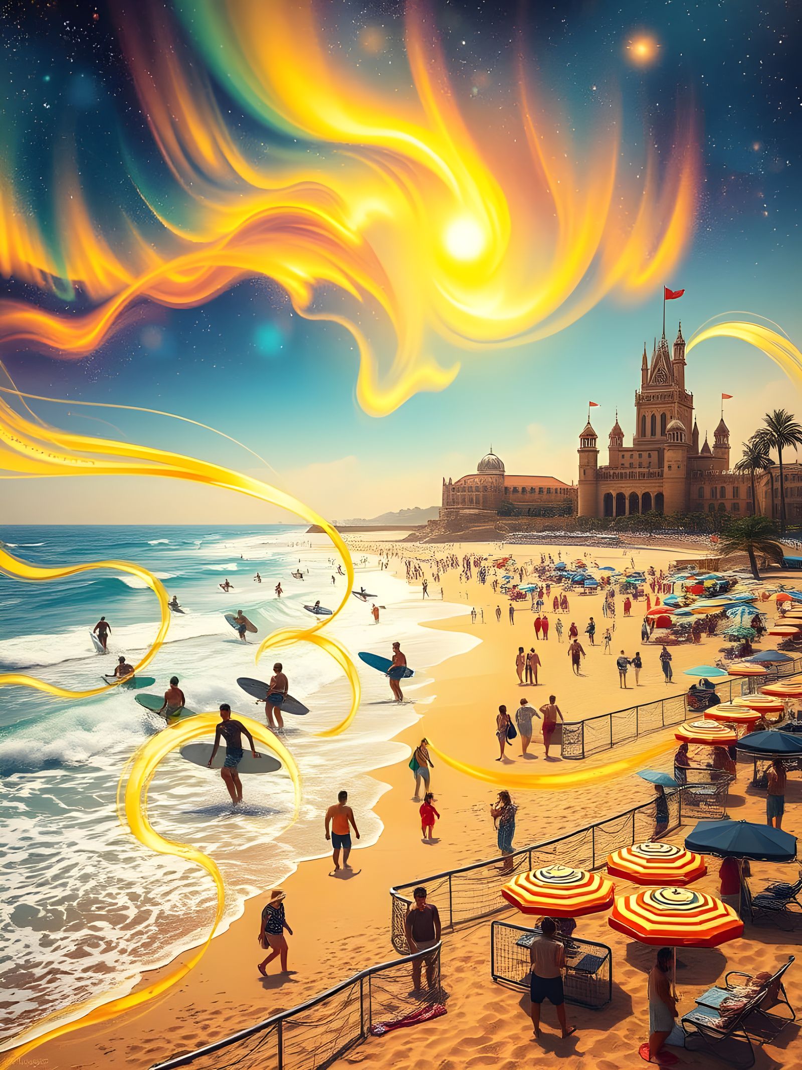 Ethereal Beach Scene in Vibrant, Semi-Transparent Style
