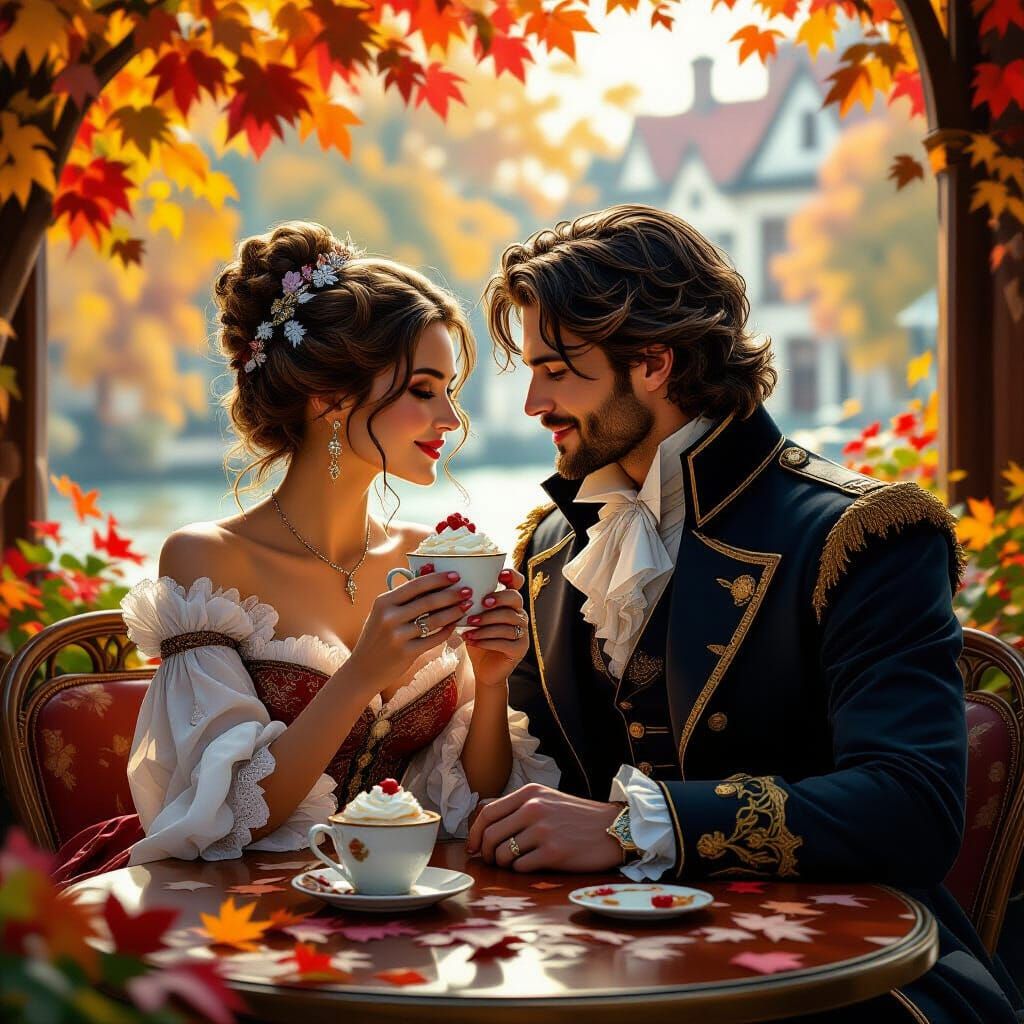 Romantic Couple in Autumn Cafe, Art Nouveau Style