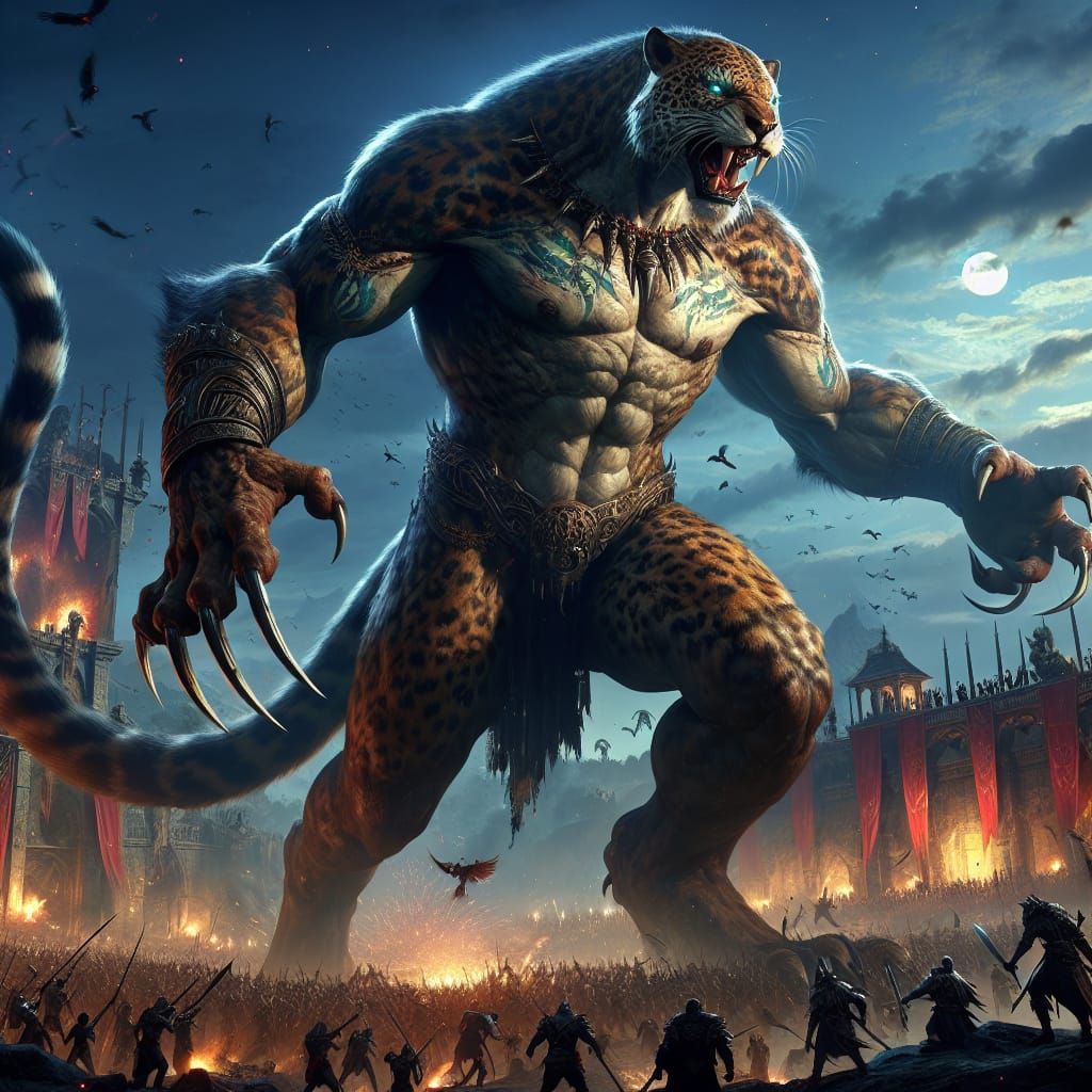 Giant Werejaguar Battles Vampire Army: Fantasy Concept Art
