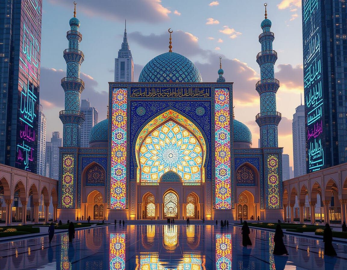 Futuristic Mosque Facade in Kaleidoscope of Colors