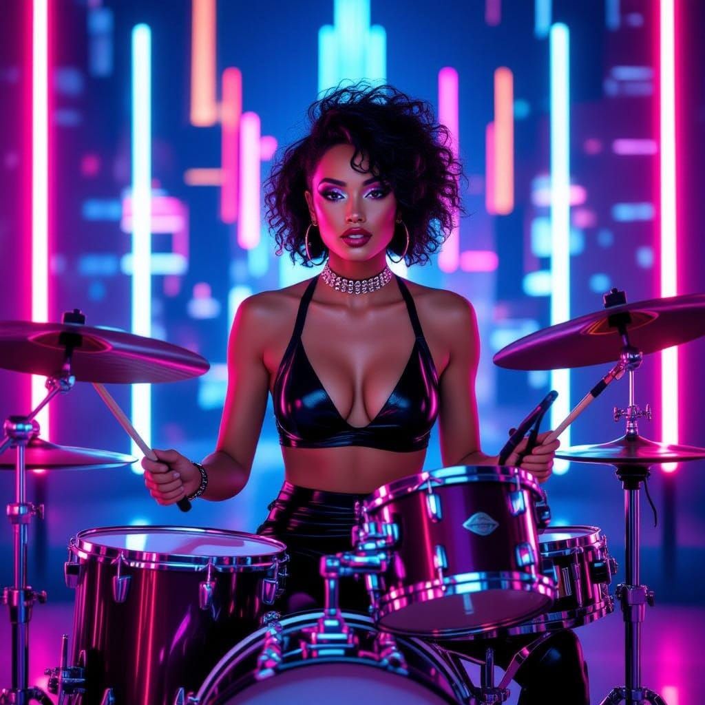 Energetic Woman Plays Electric Drums in Neon-Lit Futuristic ...