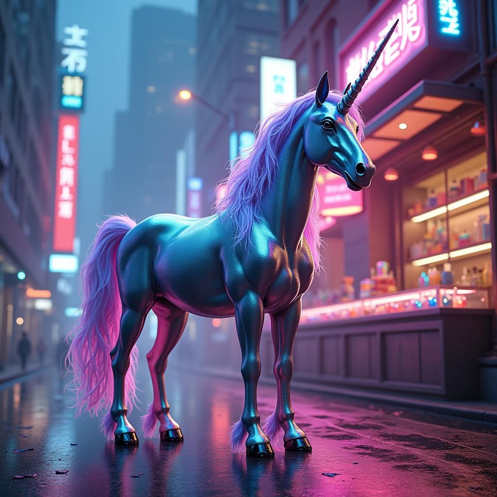 Futuristic Unicorn in Cyberpunk City Concept Art