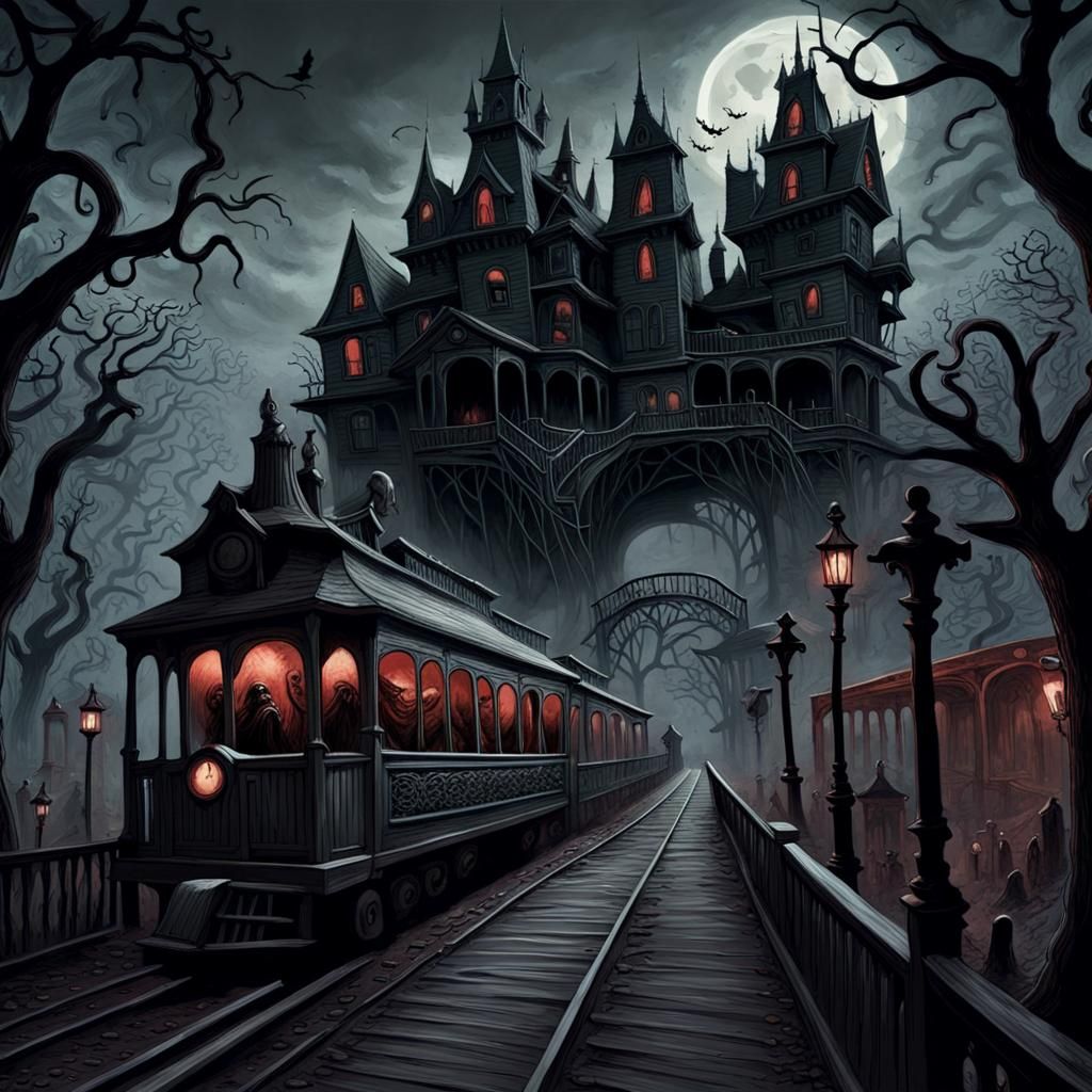 Horror Park with Ghost Train in Doré Style