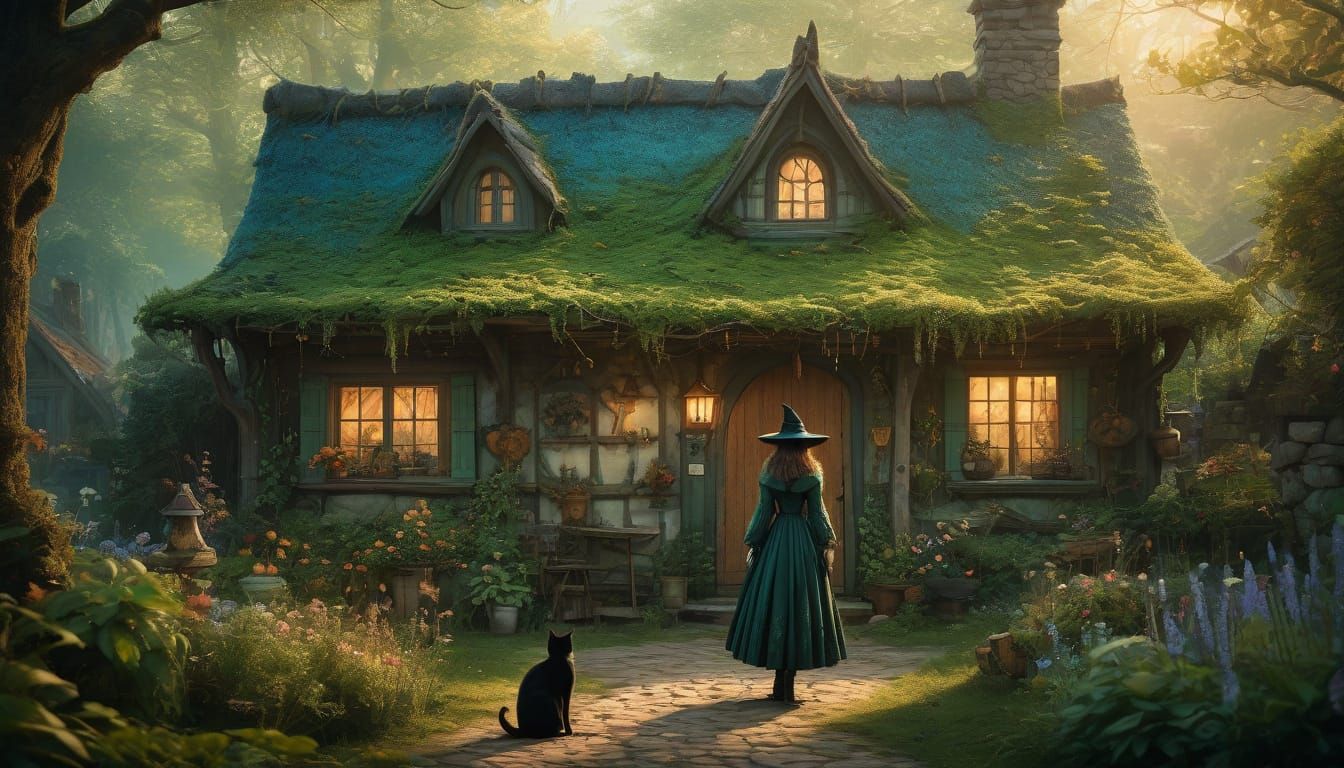 Whimsical Fantasy Witch in Cozy Cottage Setting