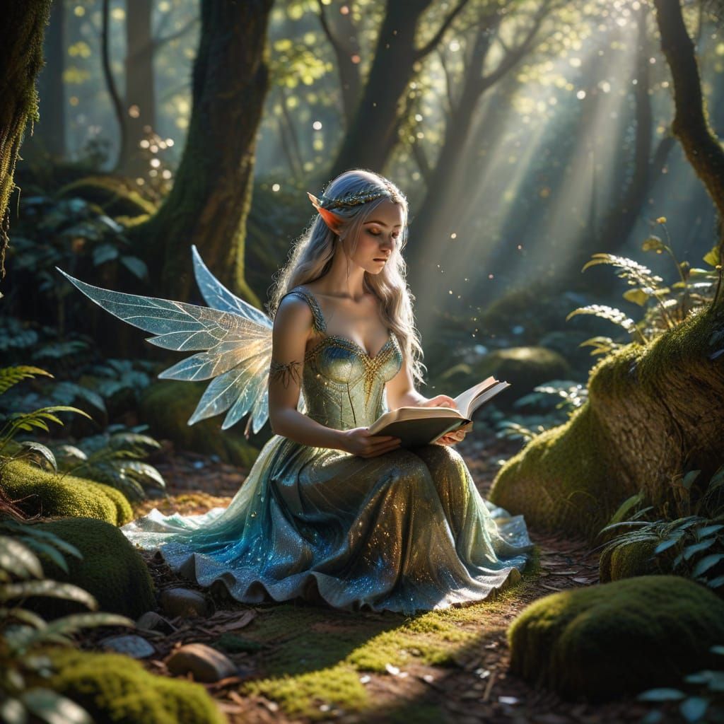Enchanted Forest: High Elf Maiden Reading, Hyperrealistic St...