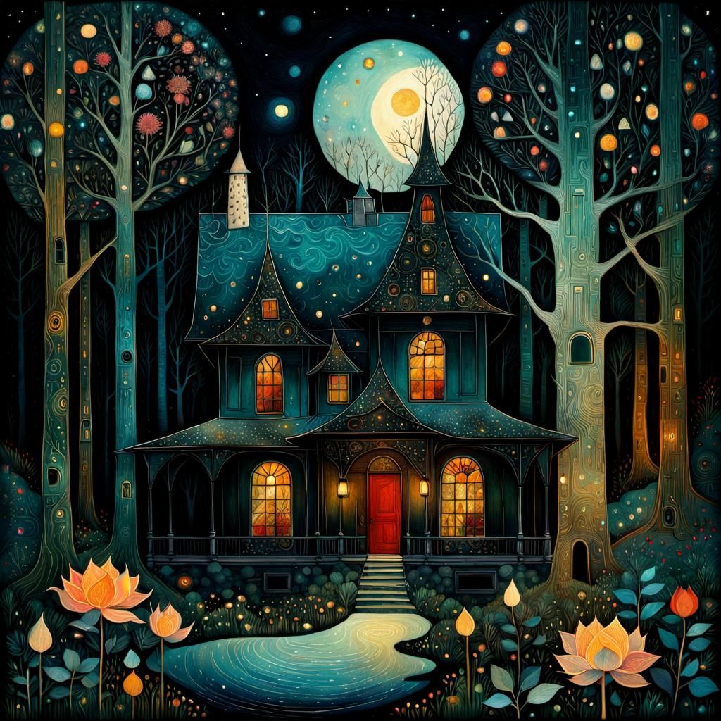 Whimsical House in Woods at Night