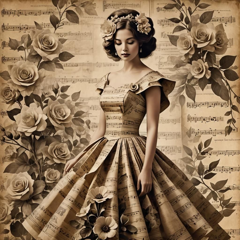 Vintage Sheet Music Dress Collage Art