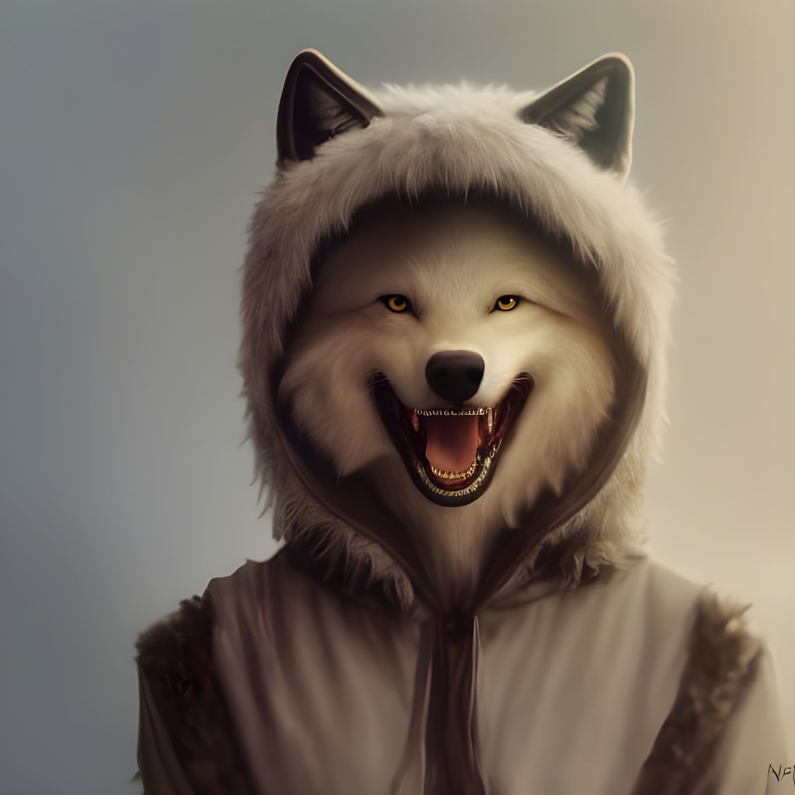 Smiling Wolf in a Wolf Onesie, Detailed Digital Art